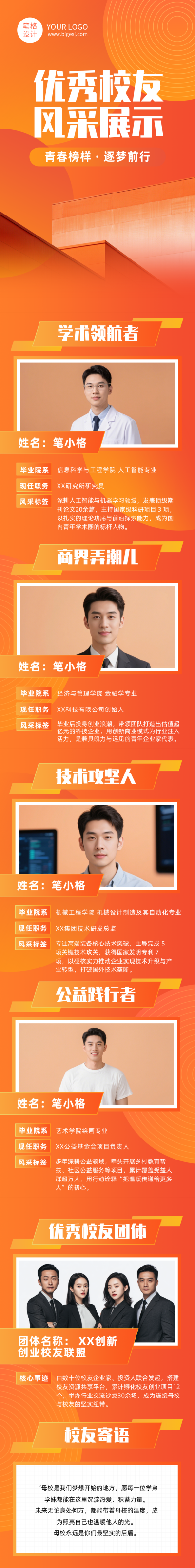 优秀校友风采展示橙色公众号长图 模板ID:776916