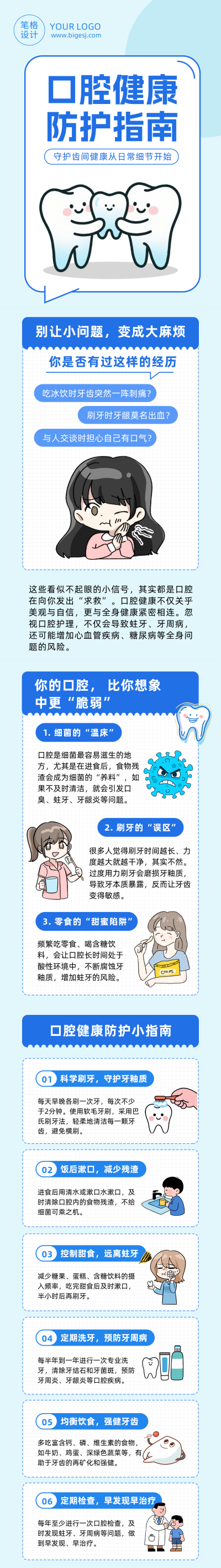 口腔健康防护指南蓝色简约公众号长图 模板ID：778063