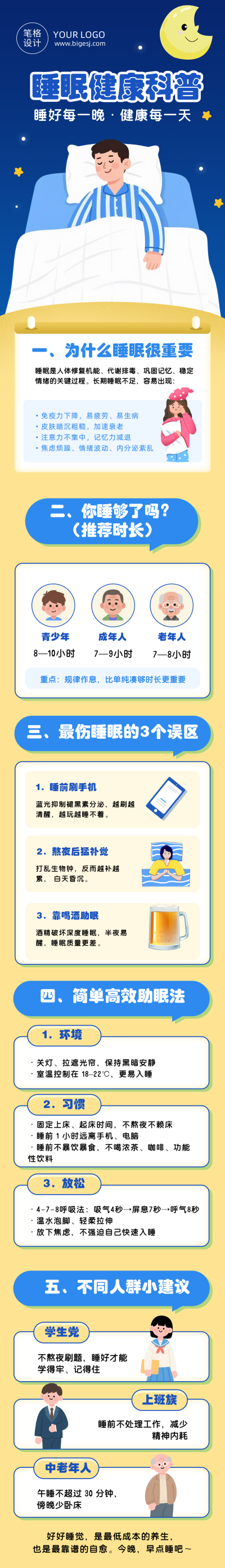 睡眠健康科普蓝色扁平公众号长图 模板ID:778062