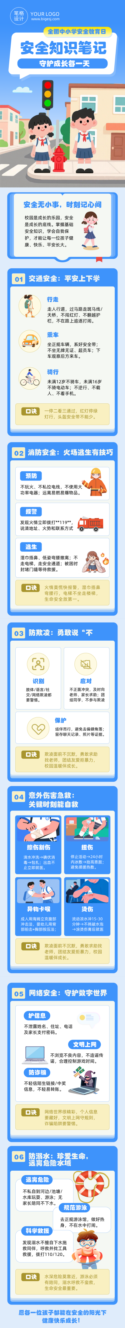 中小学安全教育笔记蓝色简约公众号长图 模板ID:778123