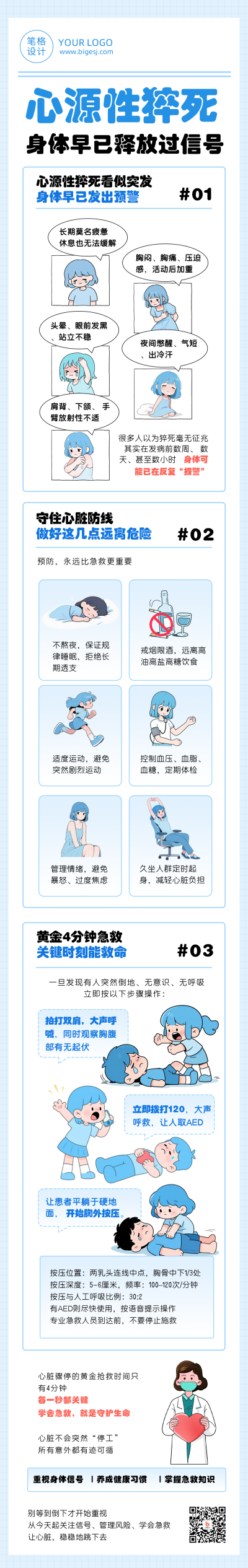 心源性猝死漫画风卡通蓝色公众号长图 模板ID:779049