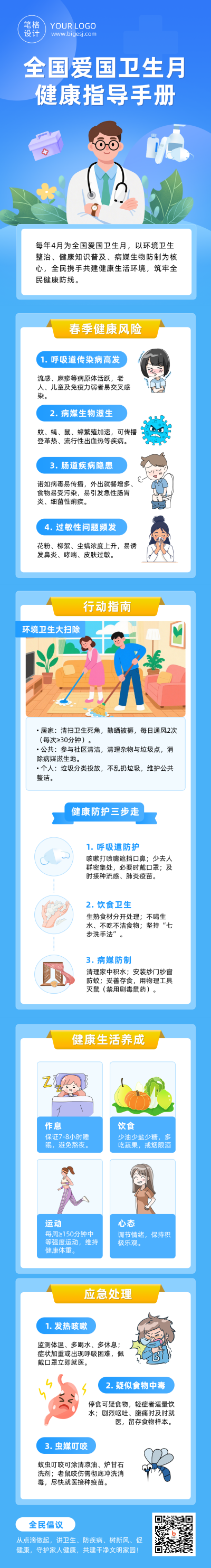 全国爱国卫生月健康指导手册蓝色公众号长图 模板ID：779271