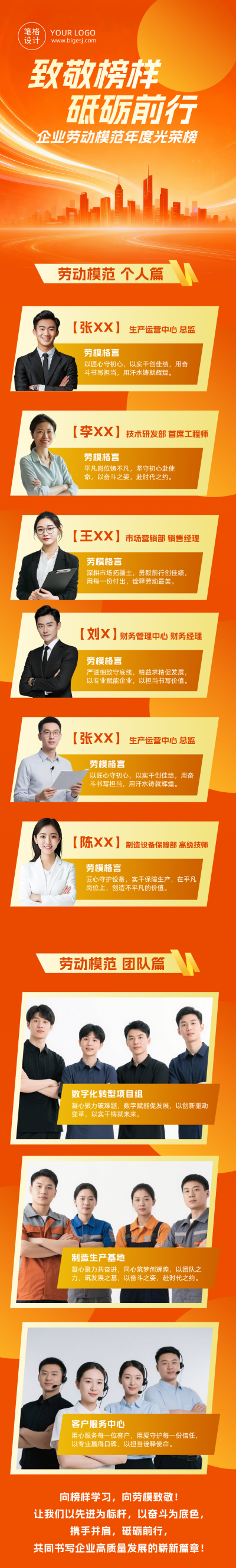 企业劳动模范表彰橙色公众号长图 模板ID:779840