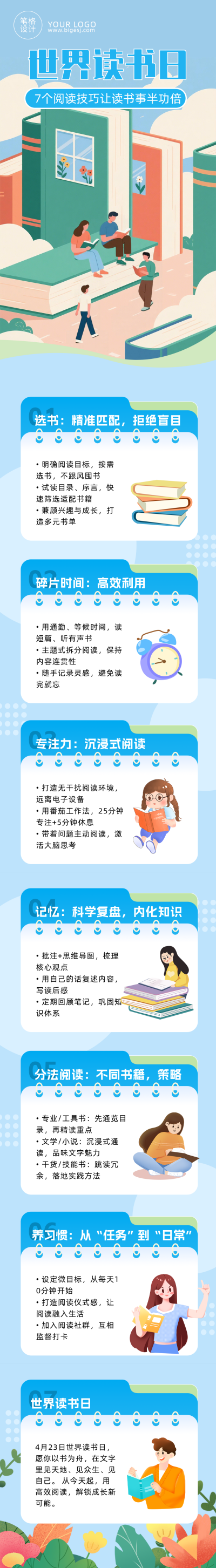 阅读技巧分享蓝色公众号长图 模板ID:779917