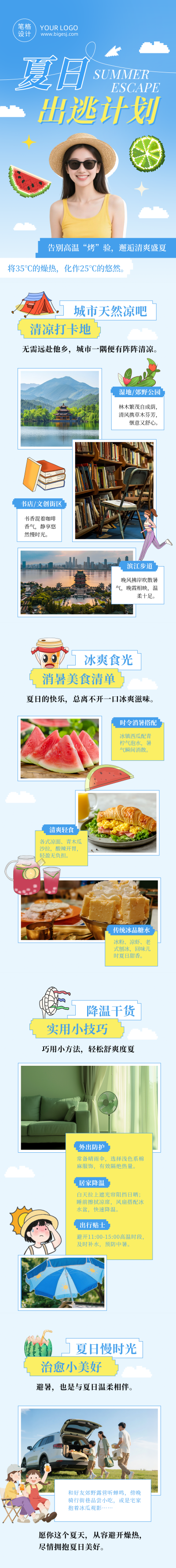 夏季避暑攻略指南蓝色公众号长图 模板ID：988742
