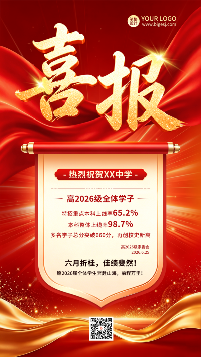 高考成绩喜报喜庆宣传海报 模板ID:989517