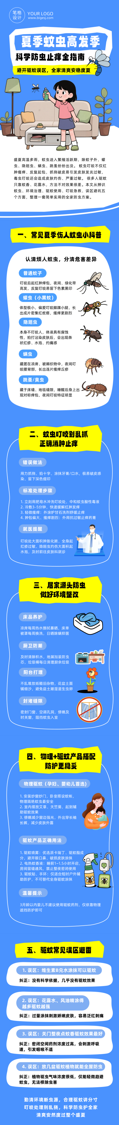 夏季防蚊虫科普蓝色公众号长图 模板ID：989797