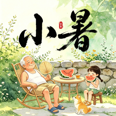 小暑节气手绘水彩风祝福公众号次图 模板ID：989881