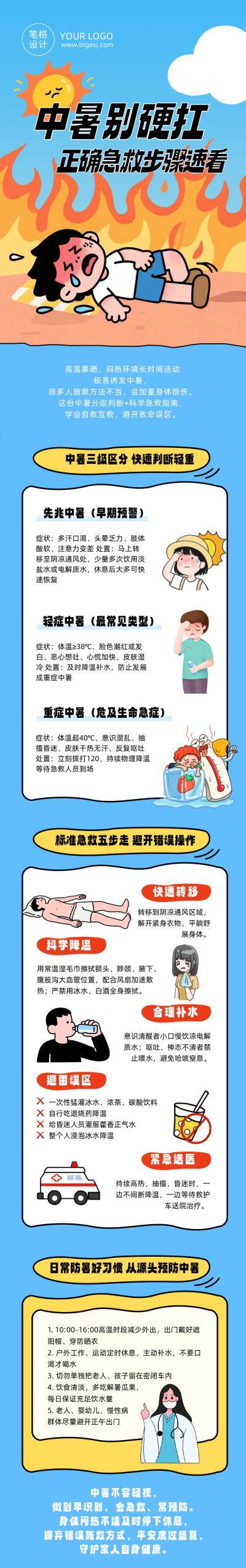 中暑急救科普蓝色公众号长图 模板ID：989937