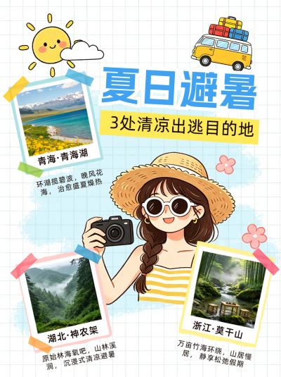 插画风夏季旅游攻略小红书封面 模板ID：990249