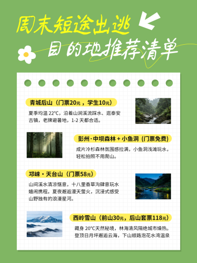 周末短途旅游出行地分享小红书封面 模板ID:990258