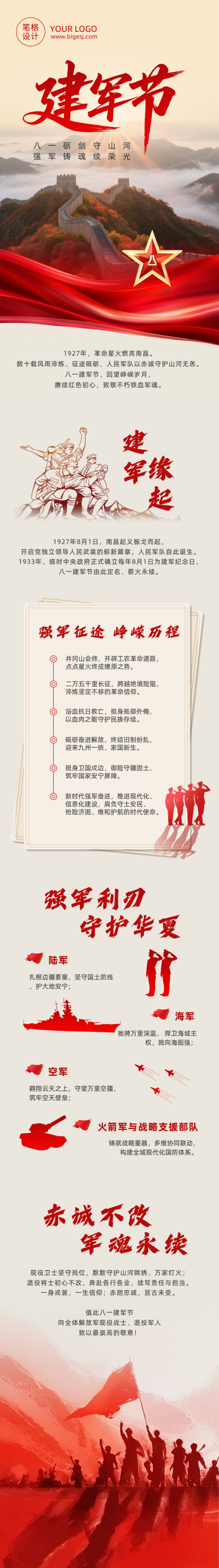 建军节历史科普红色大气公众号长图 模板ID:990349