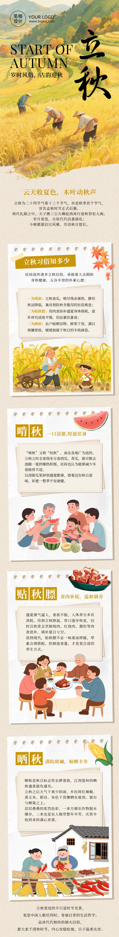立秋节气习俗手绘公众号长图 模板ID：990736