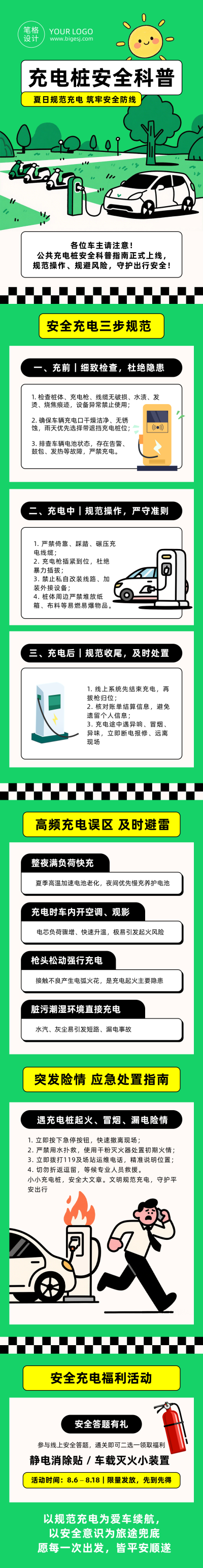 充电桩使用安全科普绿色卡通公众号长图 模板ID：990833
