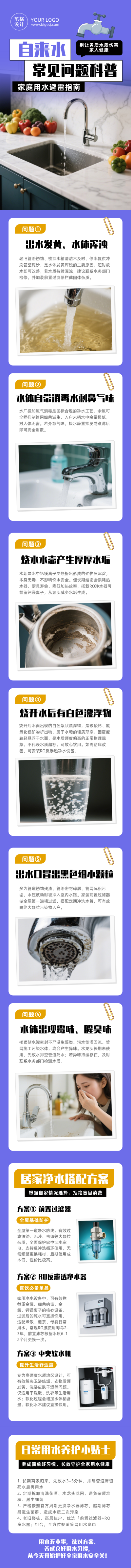 自来水常见问题科普蓝色简约公众号长图 模板ID：990834