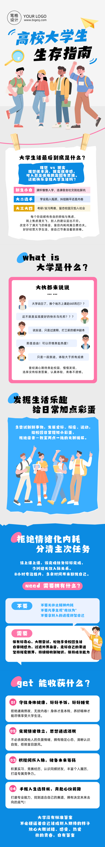 高校大学生趣味生存指南扁平公众号长图 模板ID:990912
