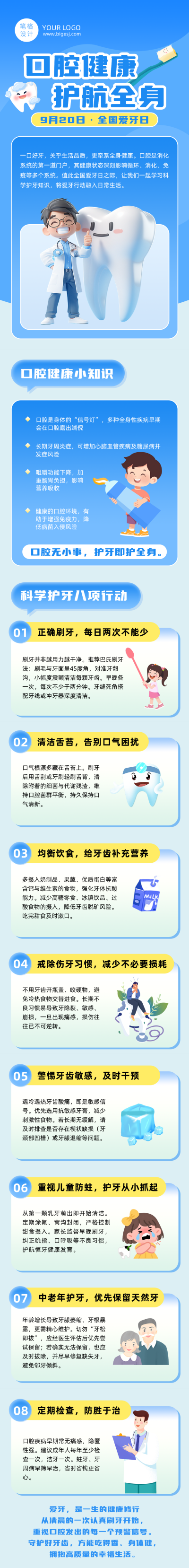 口腔健康科普蓝色卡通公众号长图 模板ID：9916237