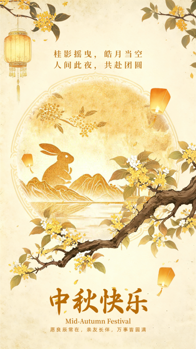 中秋节祝福金色国风海报 模板ID：9916267