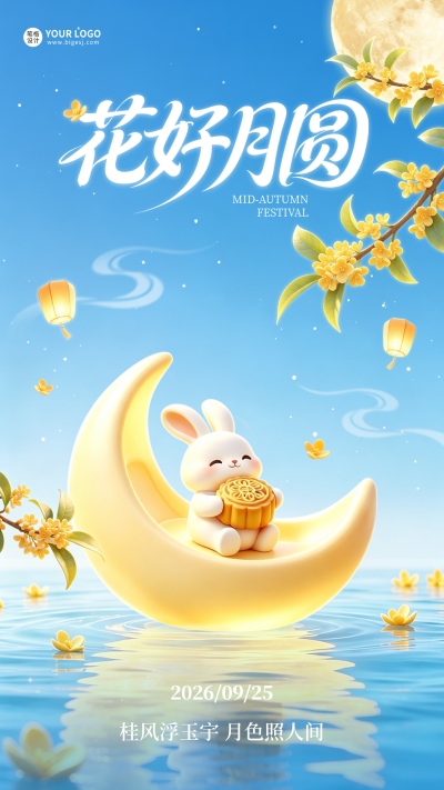 中秋蓝色3D兔子祝福海报 模板ID:9916390