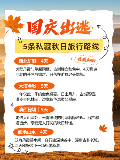 国庆节旅游出行攻略小红书封面 模板ID：9916476