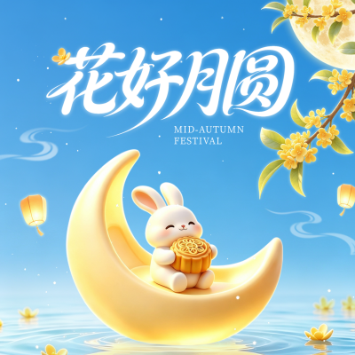 中秋蓝色3D兔子祝福方形海报 模板ID：9916392