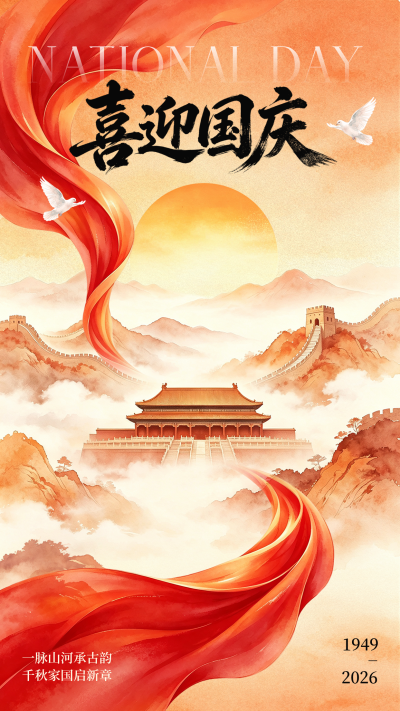 喜迎国庆水彩风祝福海报 模板ID:9916492