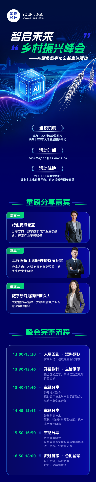 峰会流程活动宣传蓝色科技公众号长图 模板ID:9916878