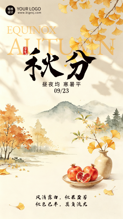 秋分节气水彩风宣传海报 模板ID：9916900