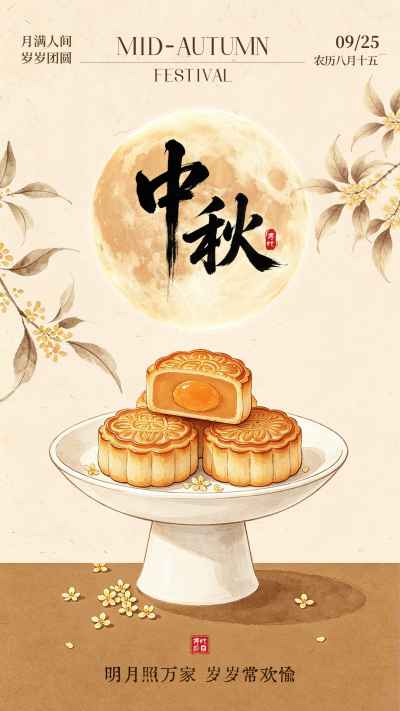 中秋手绘月饼祝福海报 模板ID:9917109