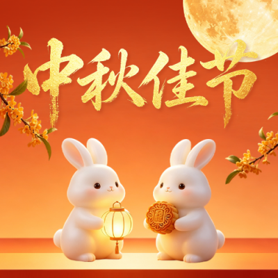 中秋节3D兔子祝福公众号次图 模板ID：9917198
