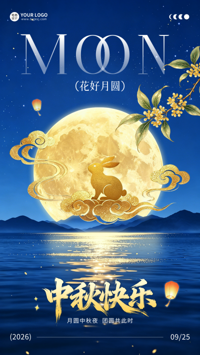 中秋节深蓝色夜景祝福海报 模板ID：9917201