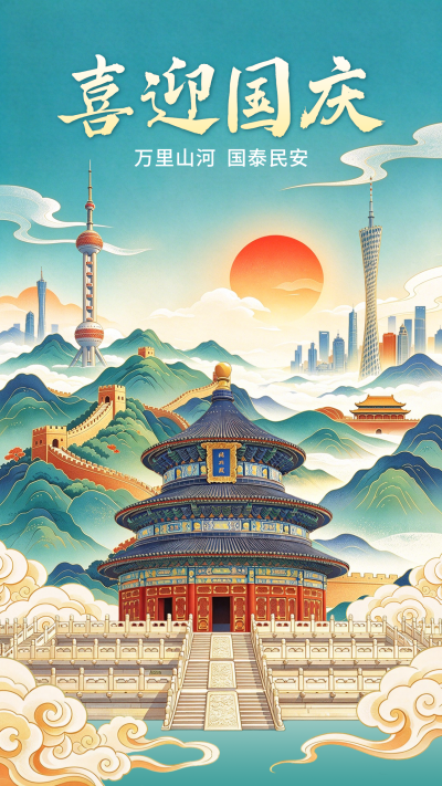 国潮风国庆节祝福海报 模板ID:9917487