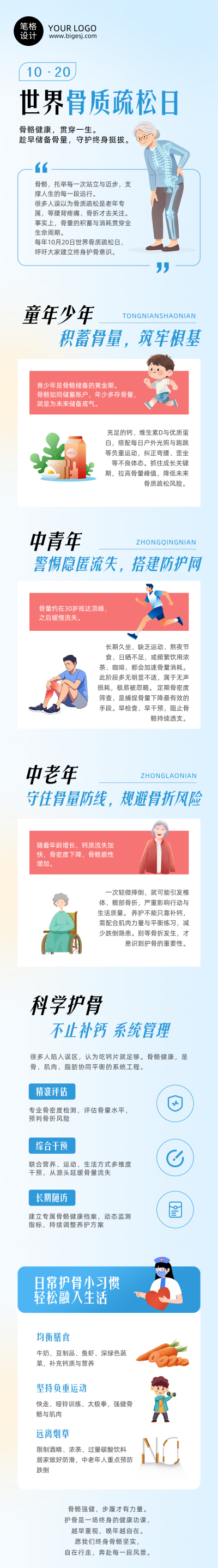 世界骨质疏松日健康科普蓝色扁平公众号长图 模板ID：9917862