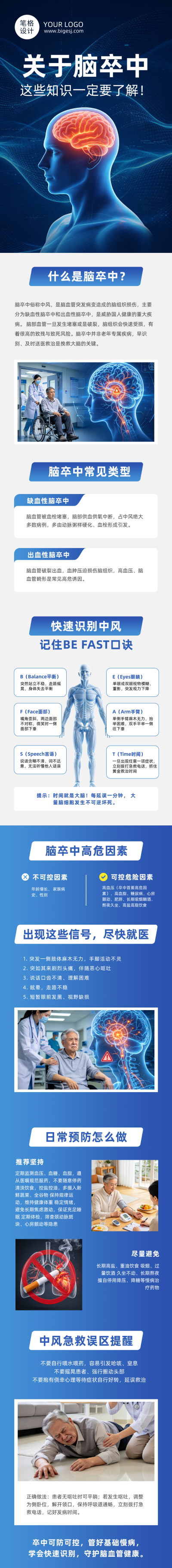 脑卒中健康知识科普蓝色公众号长图 模板ID：9918163