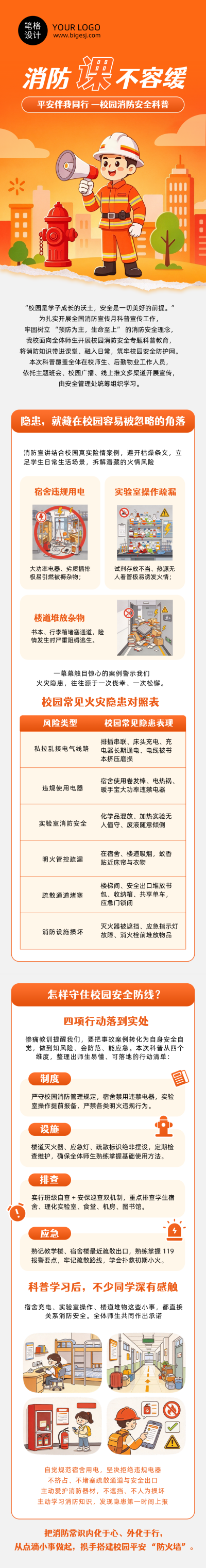 校园消防安全科普橙色手绘公众号长图 模板ID:9918372
