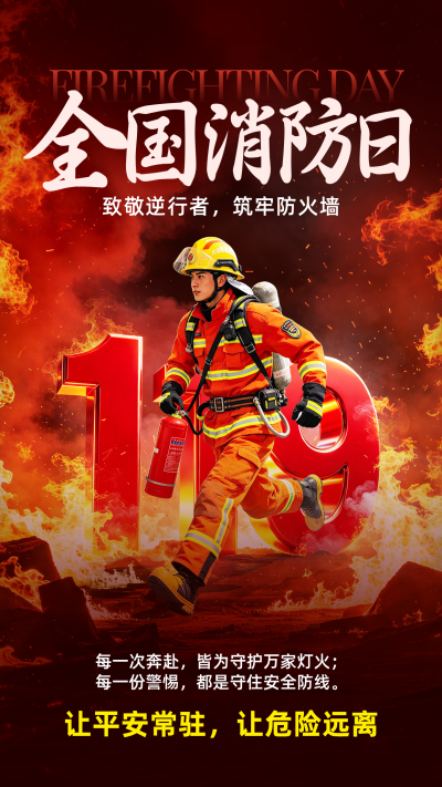 致敬消防员消防日主题宣传海报 模板ID：9918402