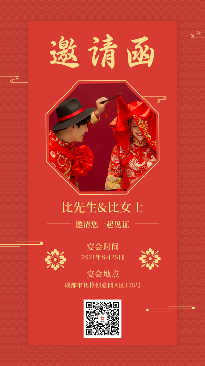 红色中国风婚礼请柬手机海报 模板ID：18285