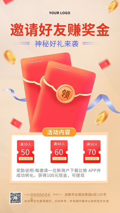 黄色邀请领红包福利大礼包优惠活动推广宣传手机海报 模板ID：19332