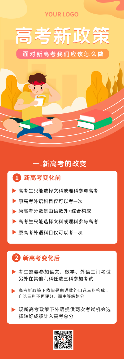教育政策扁平卡通橙黄色长图海报 模板ID：20925