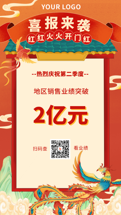 国潮手绘喜报表彰大会销售手机海报 模板ID:22505