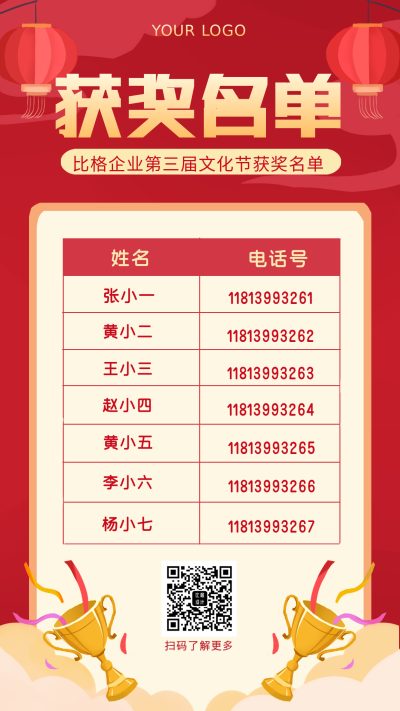 中奖名单领取好礼手机海报 模板ID：22981