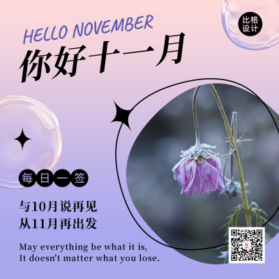 11月你好问候日签简约清新紫色酸性风方形海报 模板ID：23348