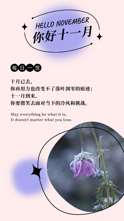 11月你好问候日签简约清新紫色酸性风竖版配图 模板ID:23345