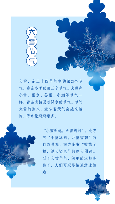 小雪大雪节气冬季雪花创意简约竖版配图 模板ID：24500