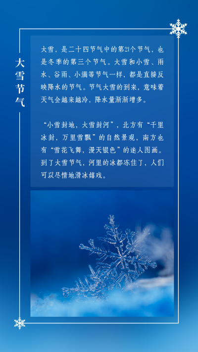 小雪大雪节气冬季雪花蓝色简约竖版配图 模板ID：24499