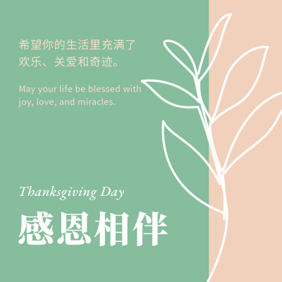 感恩节祝福贺卡简约文艺绿色ins风方形海报 模板ID:24530