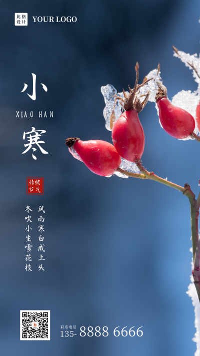 冬季雪景二十四节气小寒手机海报 模板ID：27067