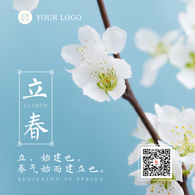 立春简约实景花朵蓝色方形海报 模板ID：28502