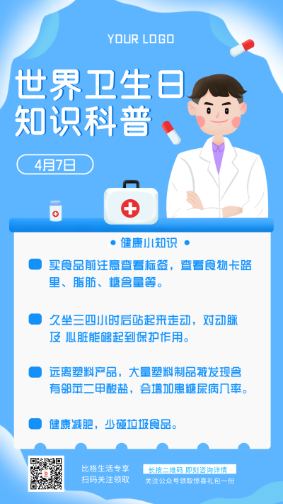 蓝色手绘卫生日科普手机海报 模板ID:31047