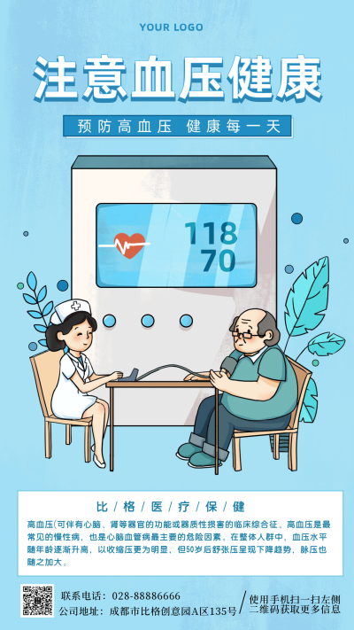医疗健康体检高血压科普知识手机海报 模板ID:33543